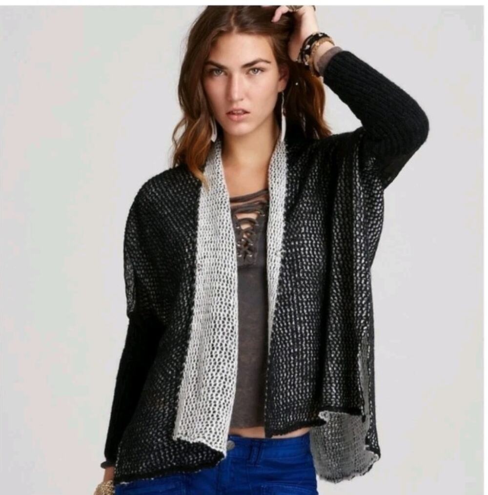 Free People Peekaboo Lace Back Knit Cardigan Sweater Women’s Black Sz XS Alpaca